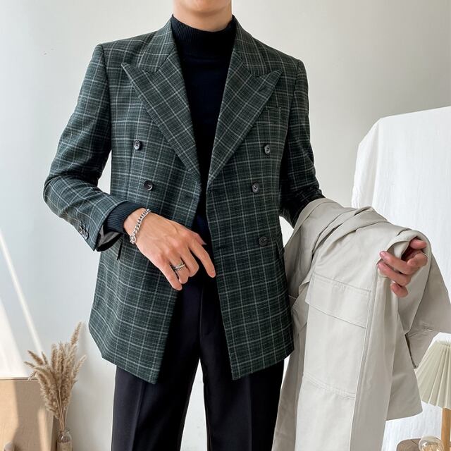 【予約販売】ジャケット チェック柄 メンズ グリーン ダブル ドレスアップ シック パーティー 結婚式 こなれ感 お洒落 韓国 トレンド 秋 冬 M/L/XL/2XL/3XL