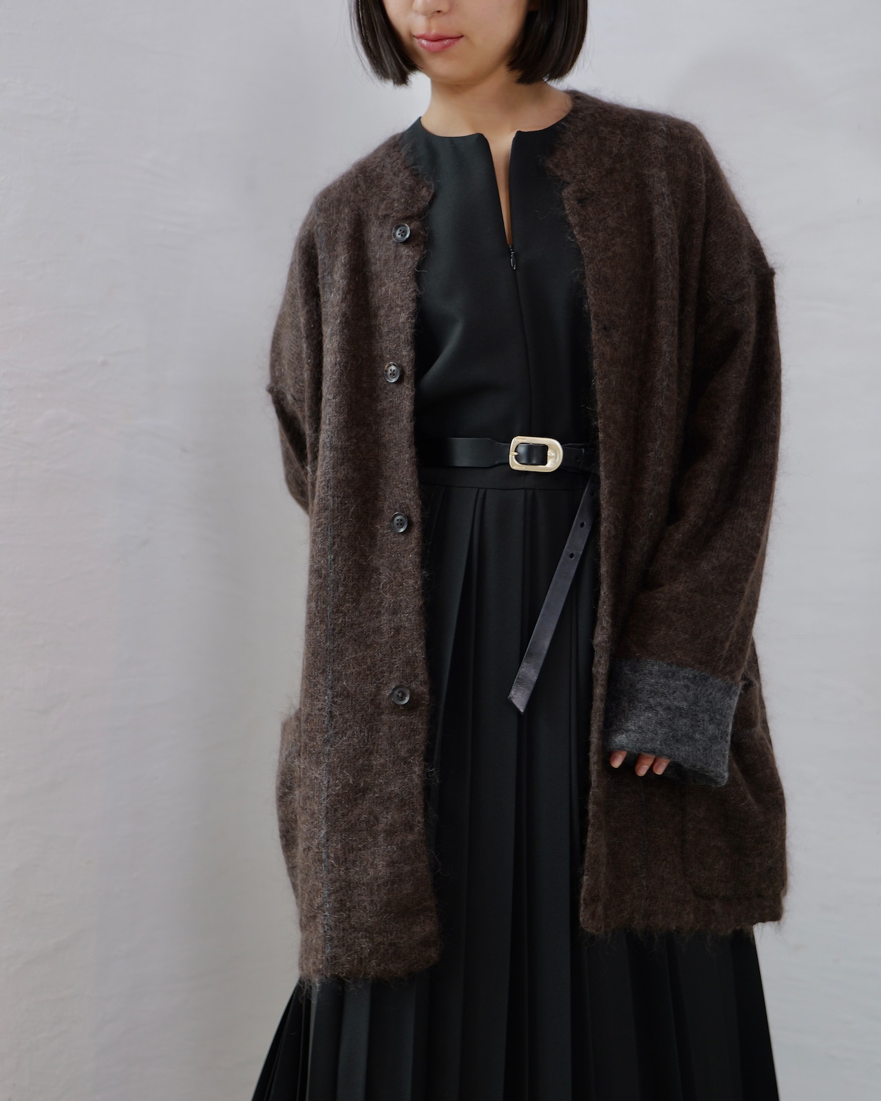 MAYKAM - MOHAIR STAND COLLAR JACKET :BROWN|キッドモヘア/二重袋編みスタンドカラー