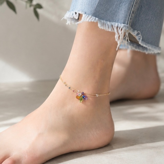 【3wayアンクレット】「線香花火」ネックレス ブレスレット フリーサイズ カラフル 天然石 誕生石 華奢 14kgf