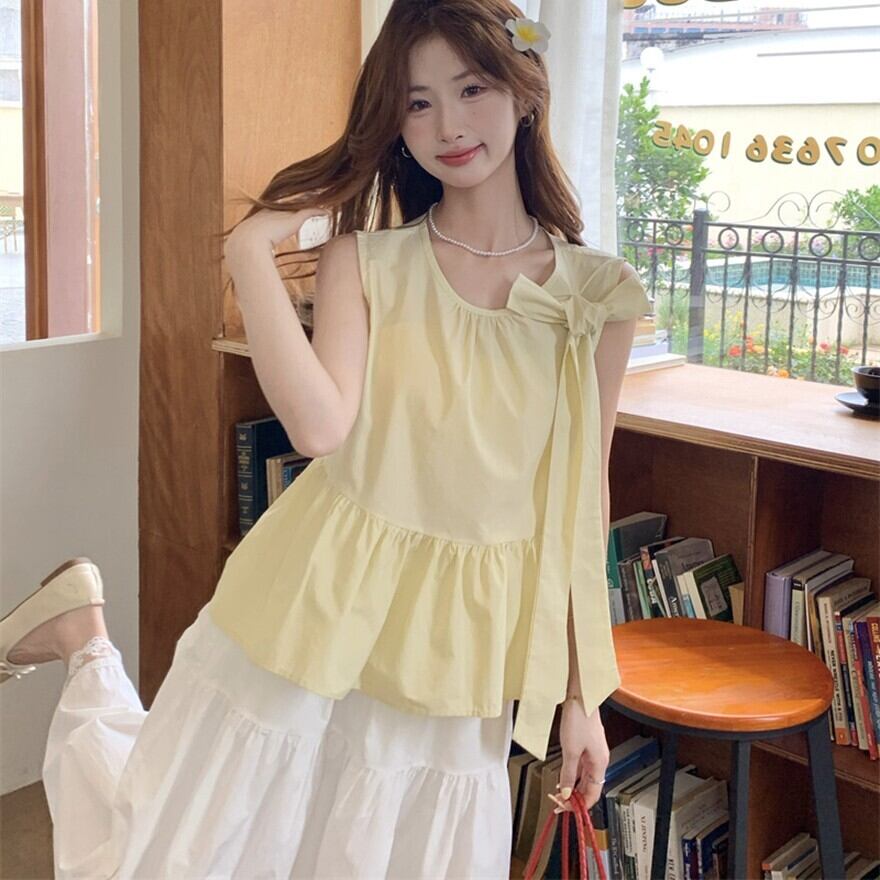 サブカル 服 地雷系 通販 セミロリ カジュアル ノースリーブ リボン シャツ ペプラム