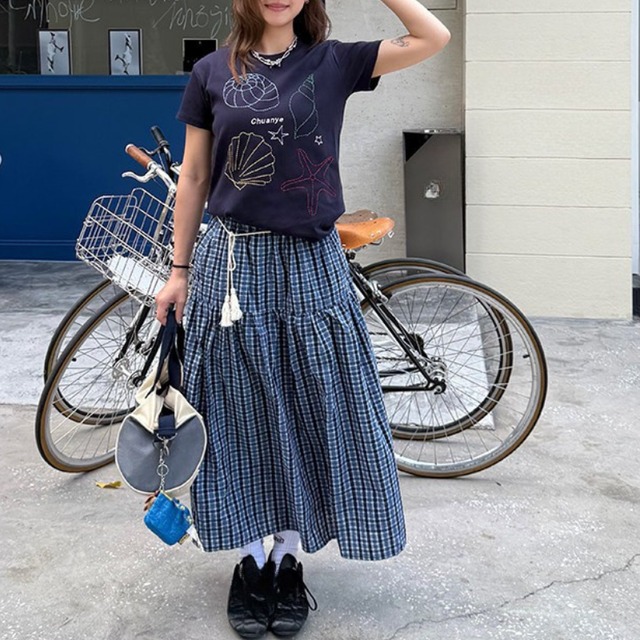 checkered pattern tiered long skirt　チェック柄ティアードロングスカート　J2072