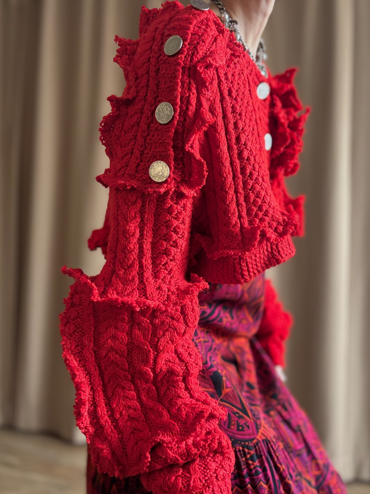 red color frill remake knit cardigan-5151-2