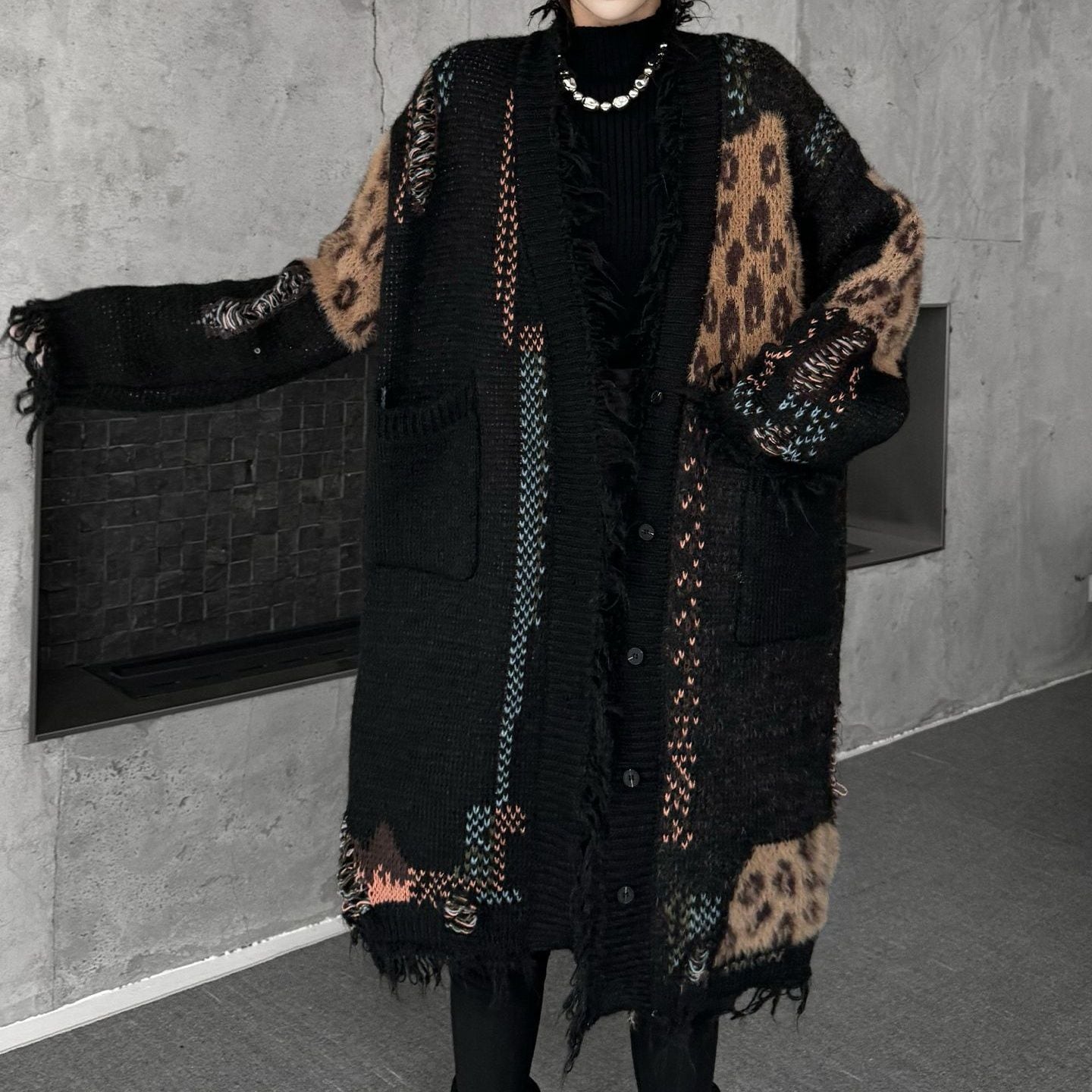 FRINGE TRIMMED V-NECK MIDI DESIGN KNIT CARDIGAN 1color M-15293