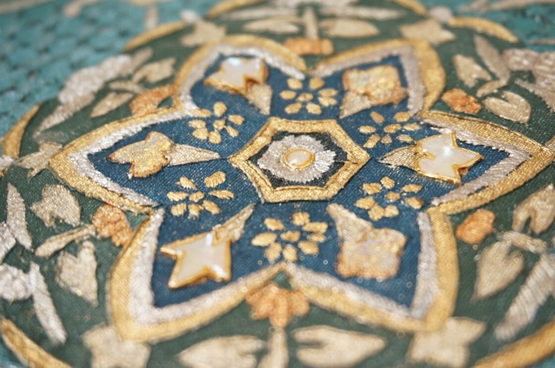 汕頭刺繍 螺鈿 唐花 華紋 袋帯 裏葉色 黄緑 200 | PAY ID