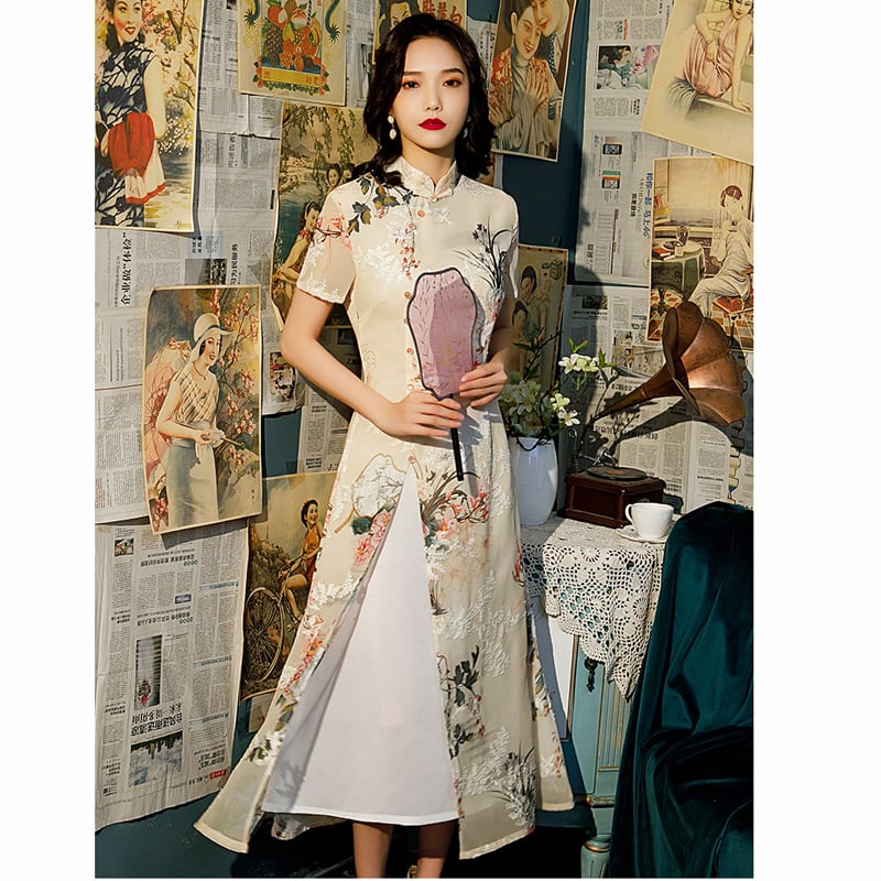 Ruyunシリーズ チャイナドレス ロング丈ワンピース スリット アオザイ 結婚式 パーティー 気質アップ Elegant