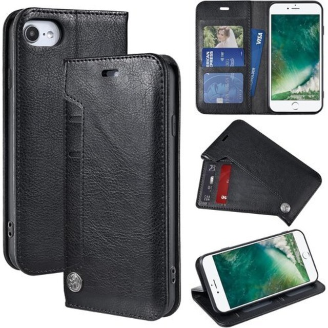OwnestX iPhone 7/8/SE2 用ケース 手帳型 おしゃれ 携帯ケース カード収納 マグネット式 スタンド機能 スマホケース PUレザー 擦り傷防止 全面保護 衝撃吸収 耐衝撃 携帯カバー-ブラック 3668