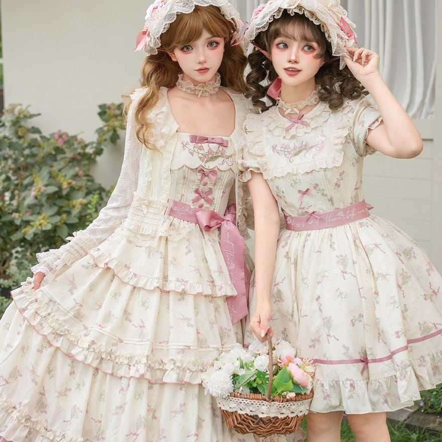ロリータファッション クラロリ 花柄フリルJSK 生成りピンク4点セット