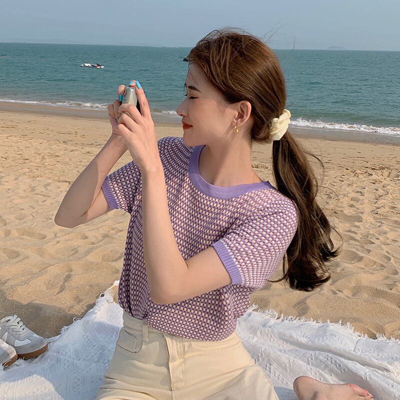 Tシャツ サマールーズニットトップス 夏物 パープル 試着室39170402683