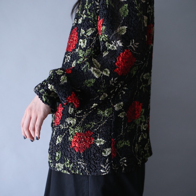 "皺" beads decoration design flower art pattern see-through shirt