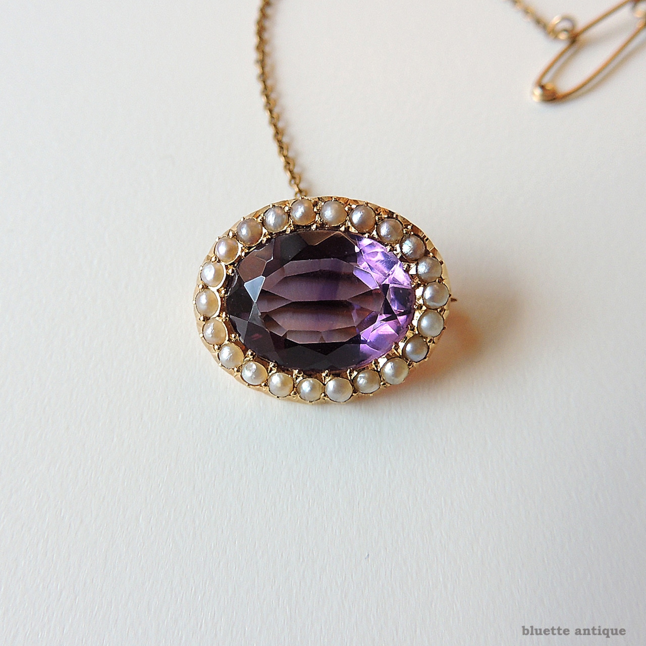 英国アンティークジュエリー 15ctゴールド 天然アメシスト 真珠 レースピン ブローチ（ソーティングメモ付）