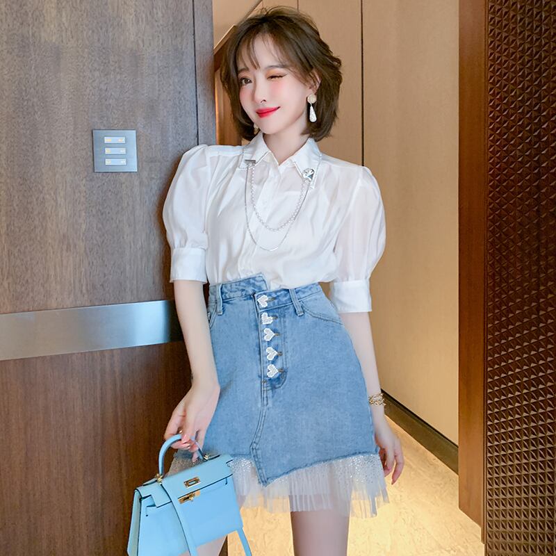 チェーン スリーブソリッド カラーシャツ サマースタイル エレガント 夏物 ソリッドカラー MIUCO94875107605