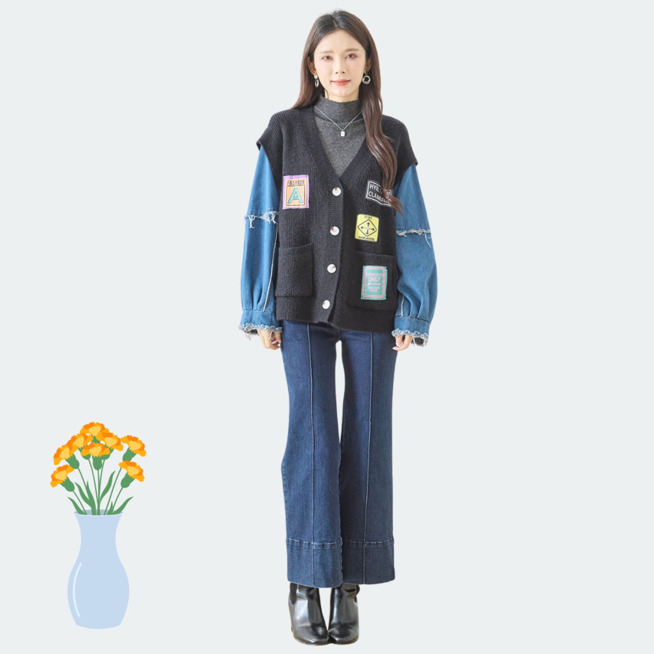 【SALE 31%OFF 4/10 10:00まで】TRUBE デニム袖リブニットドッキング ワッペンカーディガン 【M~L】ブラック