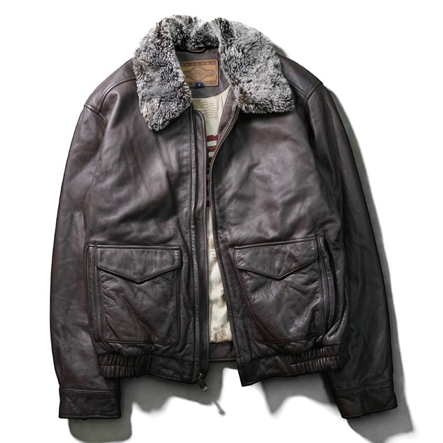 Vintage removable faux fur collar genuine leather bomber flight jacket “BROWN”