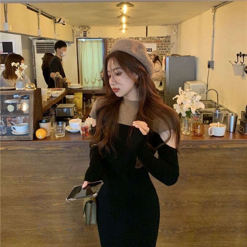 ニットセーター ドレス オータムウィンタースカート ウェストスリム長袖スリーブ ロング 秋物 冬物 ブラックストロベリース93250554053