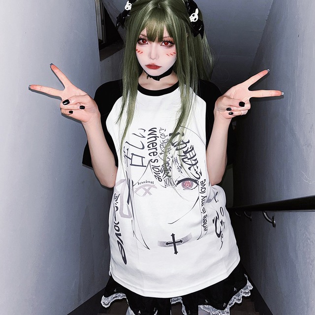 地雷系 ラグランTシャツ 少女コラージュプリント 漢字英字ロゴ ストリート｜天使と悪魔