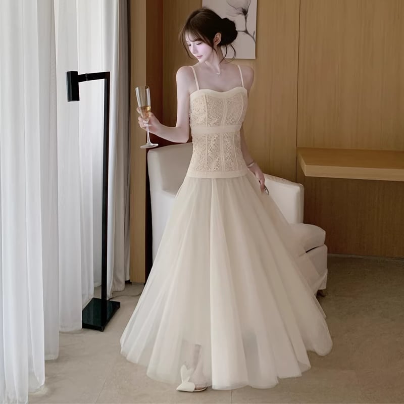 【set】レースキャミソール×ロングチュールスカートセット Q8460