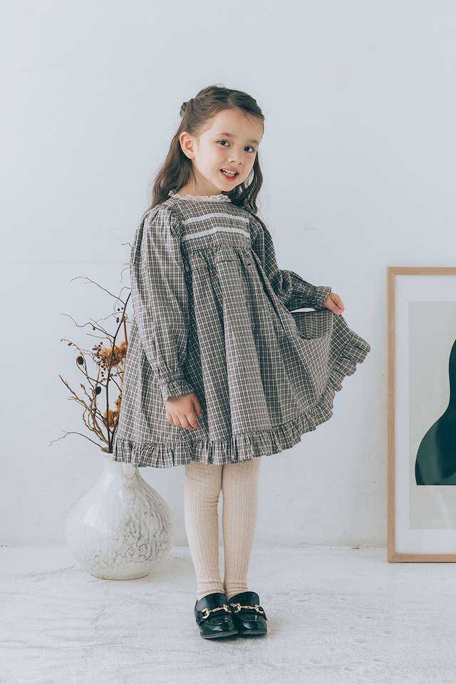 レーススタンドネックワンピース<Gray check>