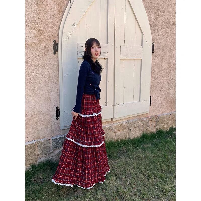 スカート チェック 赤 レッド フレア ボトムス ゆったり マキシ ロング