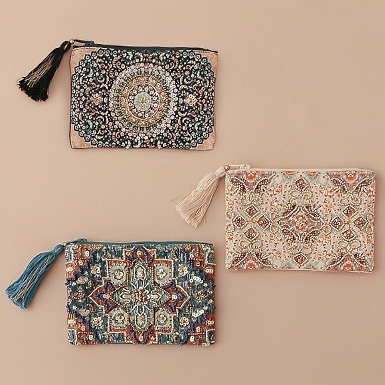 プリント＆ビーズ刺繍 ポーチS 15×10cm 　ネイビー／ナチュラル／グリーン