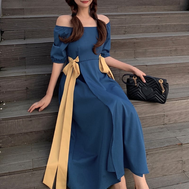 ワンピース レディース ドレス ロングワンピース ロング ロング丈 半袖 Aライン ゆったり リボン ハイウエスト かわいい 大人可愛い きれいめ シンプル カジュアル 清楚 フェミニン おしゃれ お洒落 ナチュラル 送料無料 キュート ガーリー 個性的 リラックス レトロ ロマンチック 無地 デート お出かけ 女子会 お泊まり 休日 L XL 2XL 3XL 4XL ゆったり ゆる ブルー 青 10代 20代 30代 韓国 韓国系 体型カバー 楽ちん ファッション モテ トレンド 流行 春 夏 秋