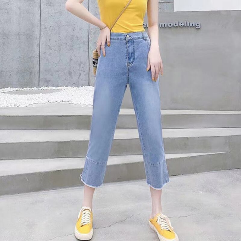 ジーンズ カジュアルクロップドサイドスリット薄手パンツ 大きめサイズ ミックスインファッション12396642345