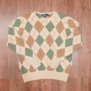 90s ralphlauren アーガイル　セーター　ニット　L/ウール　キャメルヘア　ラルフローレン