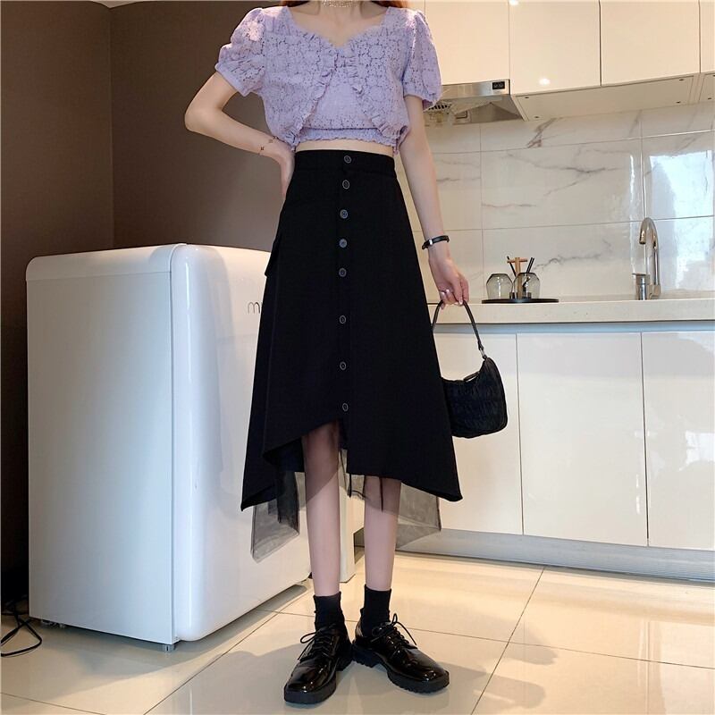 サマーブラックスカート ハイウェスト薄手Aライン 夏物 YY-ファッション37461534314