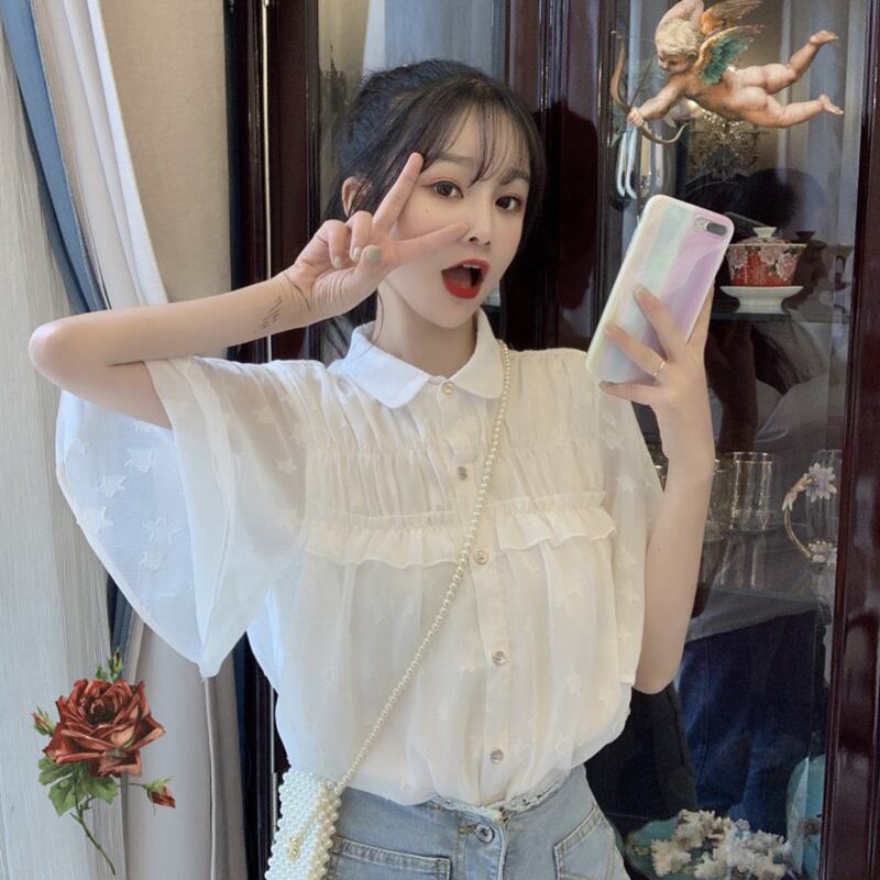2020年夏の新しいフランスの甘いデザインセンスニッチ非常に妖精のトランペットスリーブワイルドルーズ半袖シャツ女性 1号婦人41964374941
