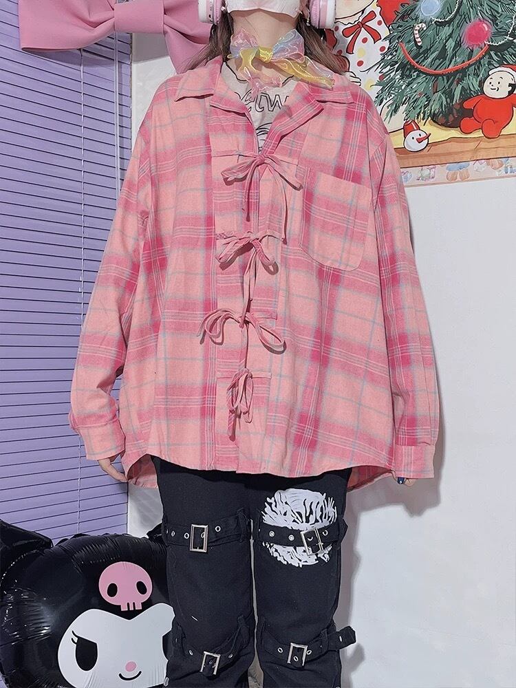 ブラウス ピンク チェック シャツ リボン パーカー ストリート
