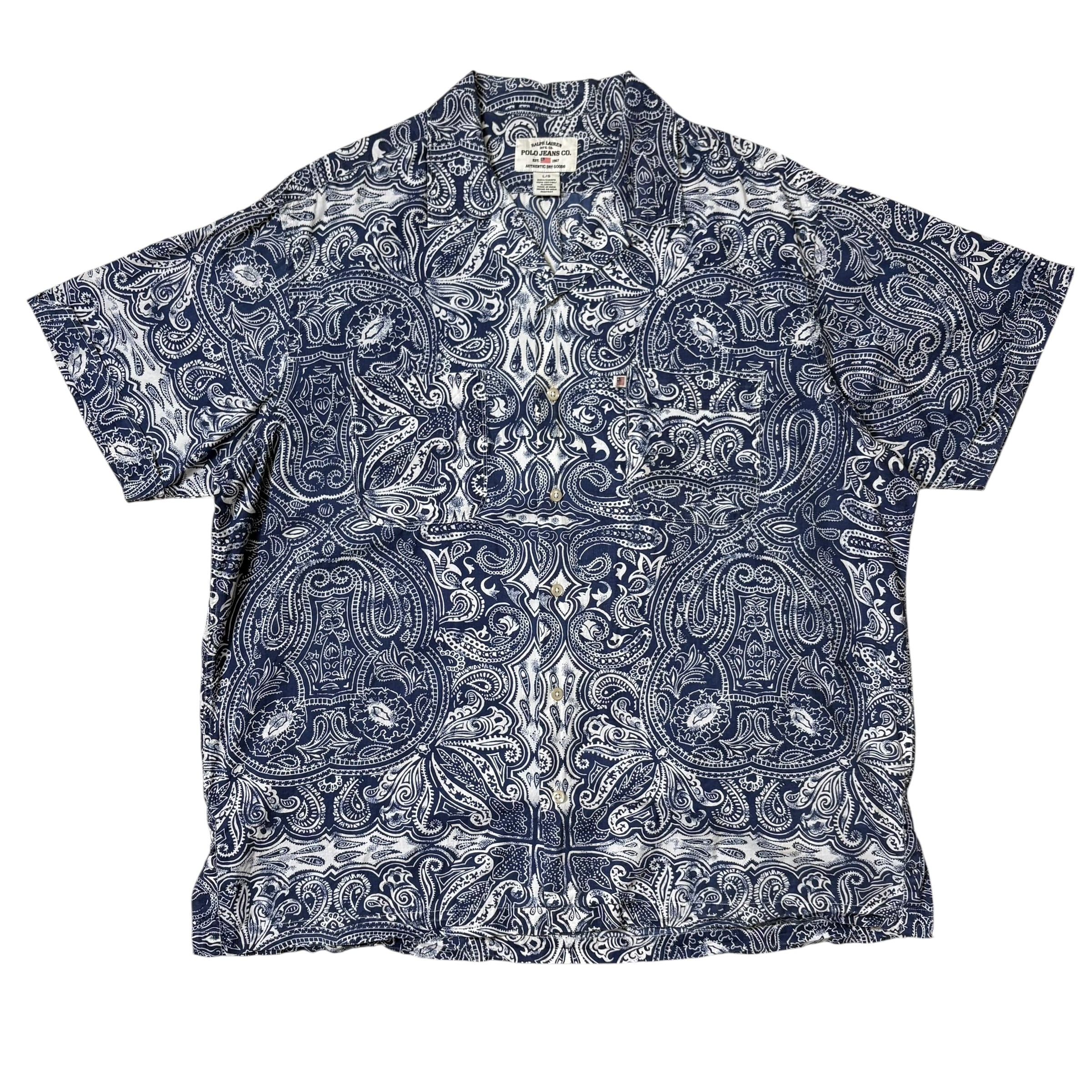 USA製 ラルフローレン 柄シャツ ハワイアンシャツ 和柄 レーヨン ネイビー USA製 Polo by Ralph Lauren ラルフローレン 柄シャツ ハワイアン