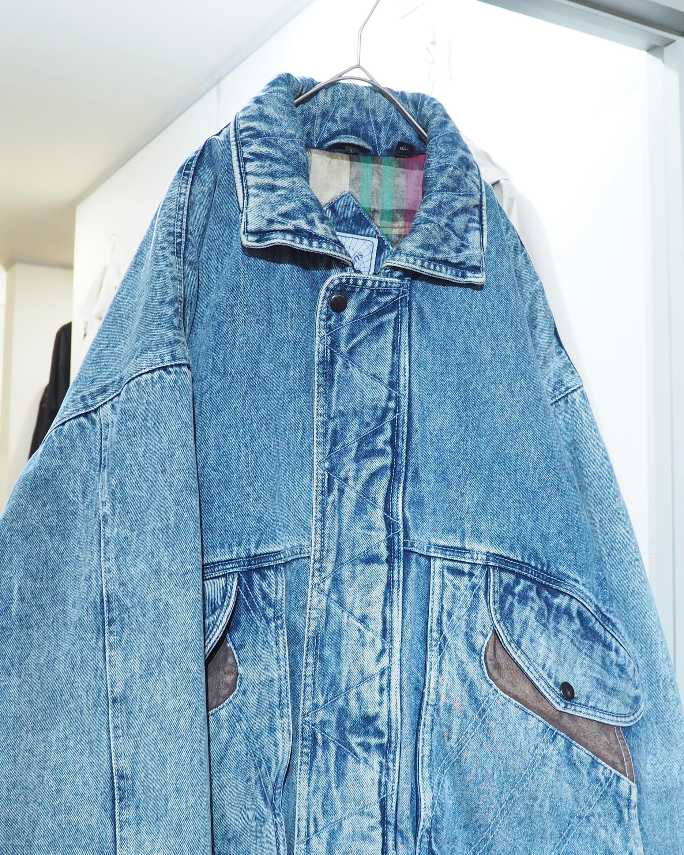 1980s Beautiful Ice Blue × leather docking Over silhouette vintage Denim jacket