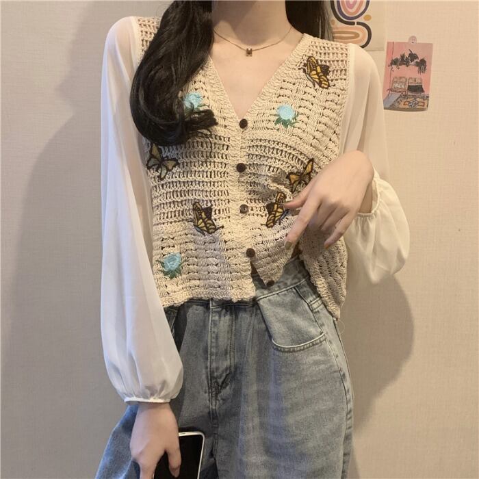 ショートシフォンシャツ スプリングサマースタイルルーズトップス ロング 春物 夏物 1号婦人89822501807