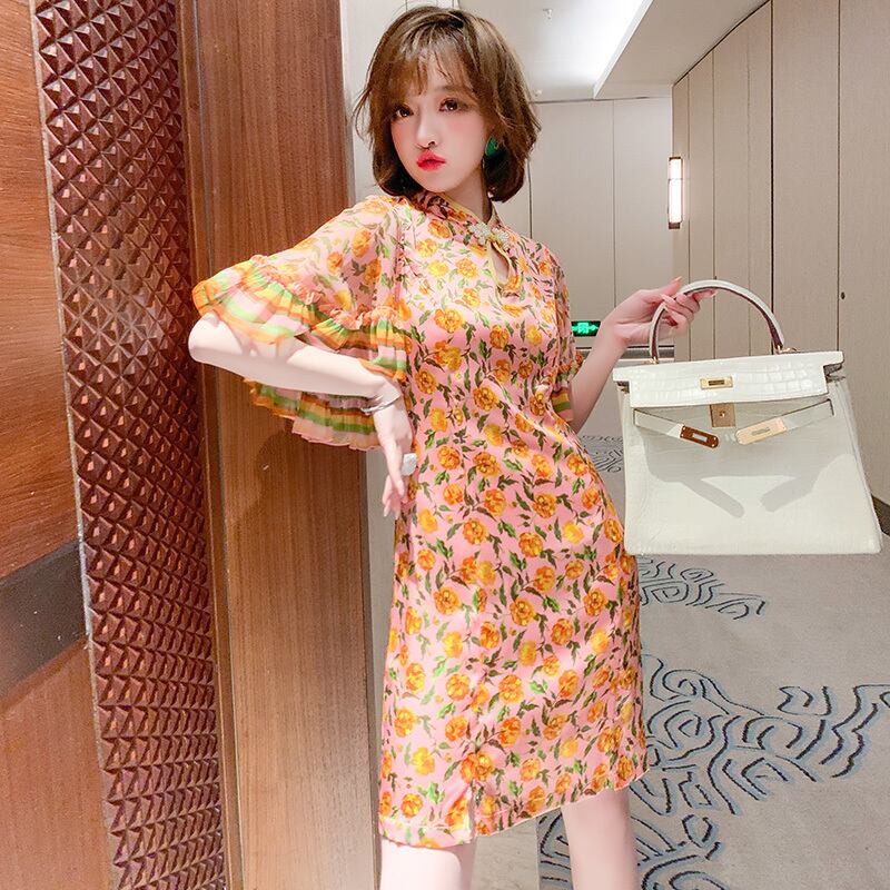 カラーバックルプリントドレス サマー 夏物 シルク MIUCO18428620512