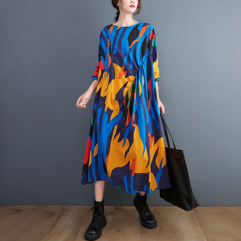 幾何学模様 モード系 ロングワンピース 幾何学柄 フレア ゆったり 個性