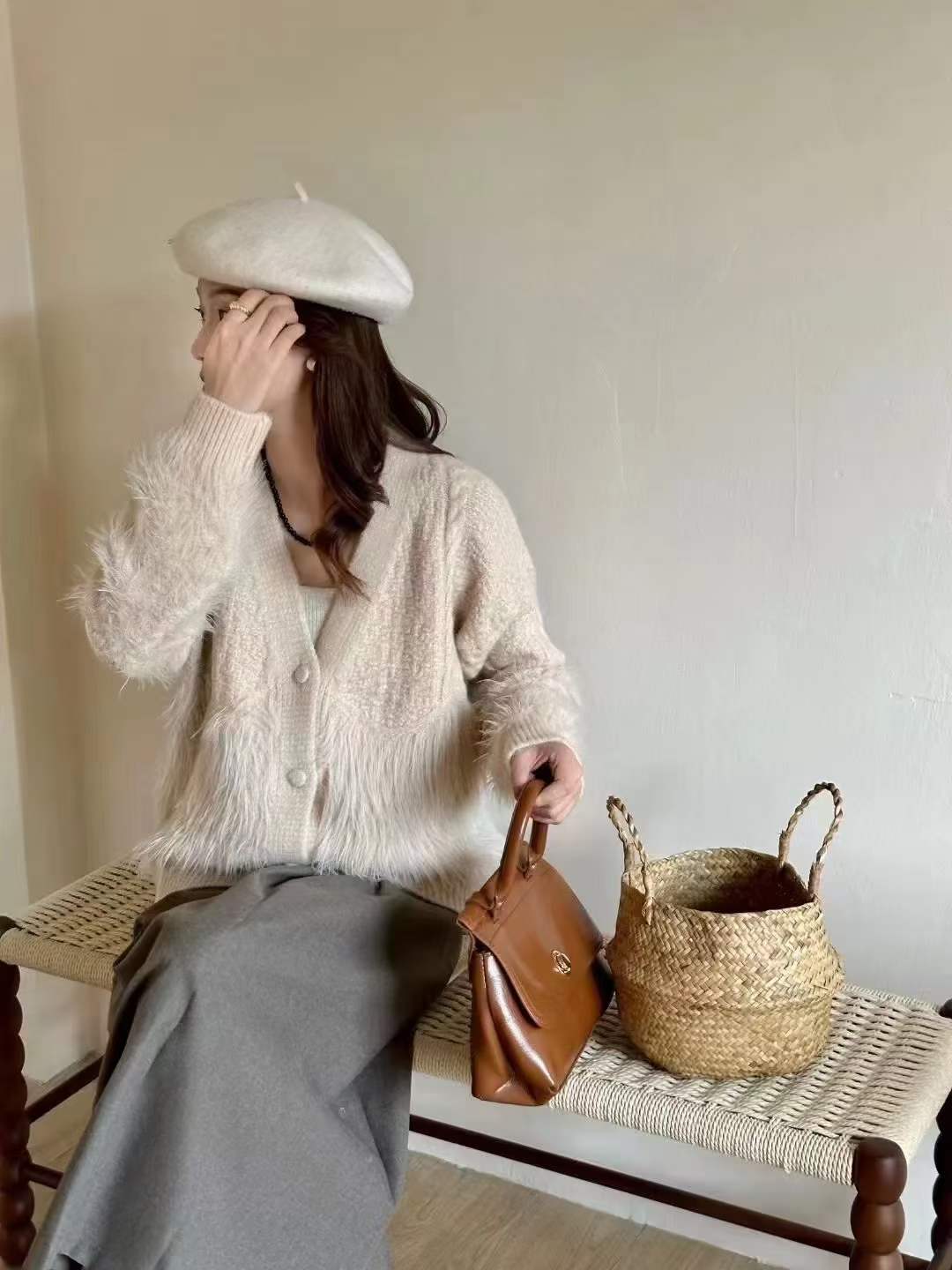 シャギー切り替えケーブルニットカーディガン　AJ1079-3640