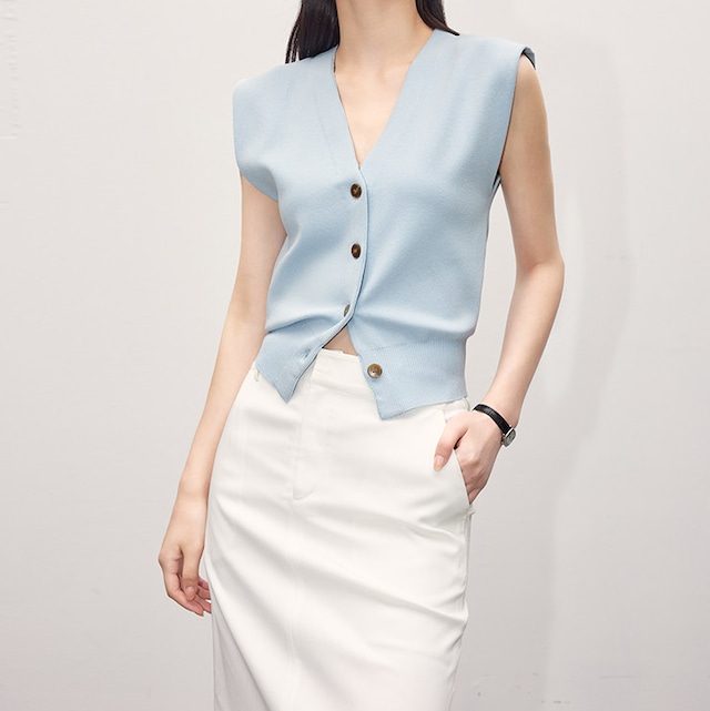 elegant v-neck knit top structured shoulder sleeveless(2color)<t3230>