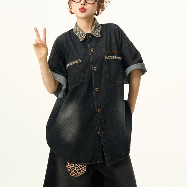leopard print denim short-sleeved shirt　レオパードポイントデニム半袖シャツ　J1800