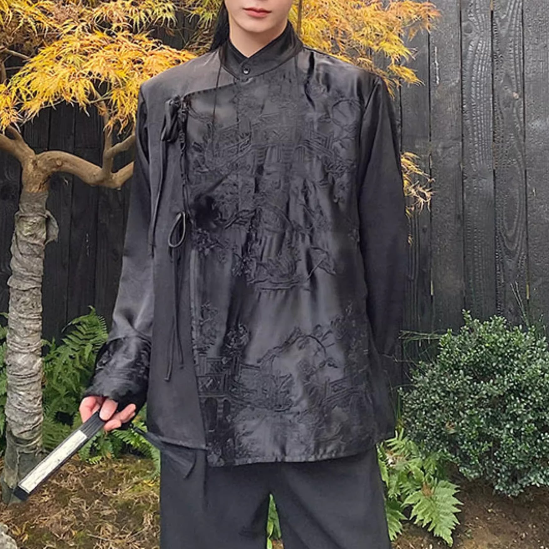 ​【新品】Charcoal TOKYO ノーカラー チャイナボタン XL チャイナボタン刺繍スタンドカラーシャツ 1color MTO0385 | MoSleek
