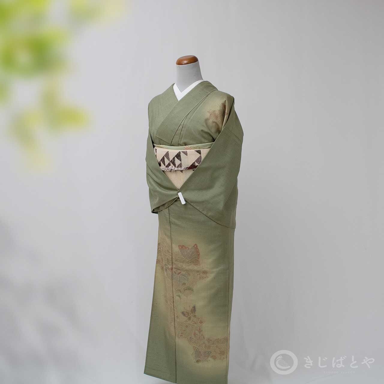 正絹紬 山鳩色に刺繍の付け下げ 単衣 | きじばとや