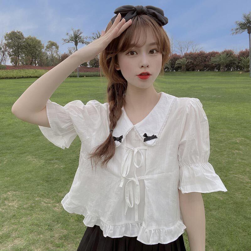 ホワイトカラーリボンシャツ サマーショートトップス 大人ガーリー スウィート キュート カジュアル 夏物 萌量不足40801161283