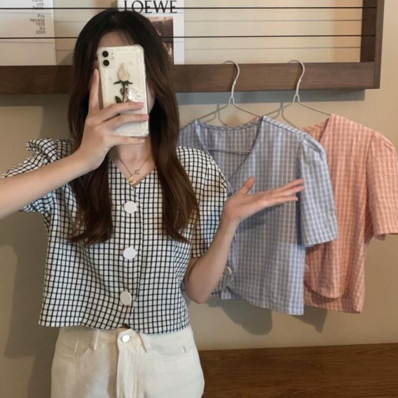 スタンダードVネックショートシャツ レディースサマー格子柄トップス レトロ 夏物 ハンチェンe84719540230