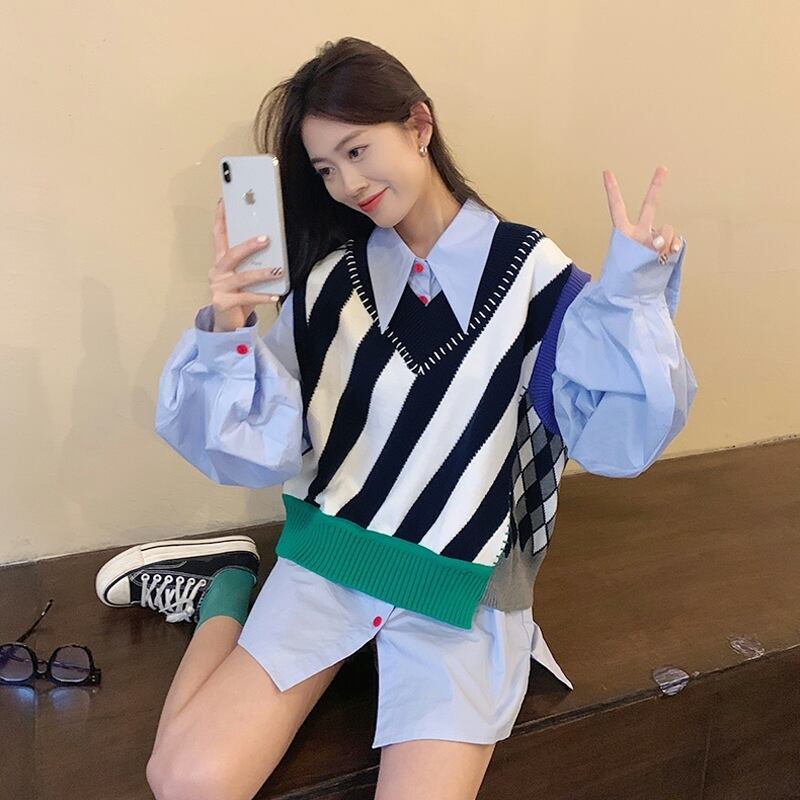 ストライプVネックニットスプリングオータム 春物 秋物 試着室20036079480