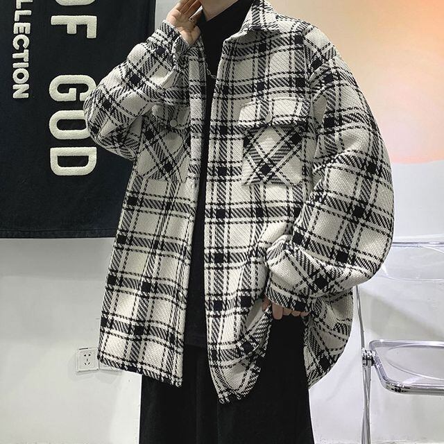【予約販売】ネルシャツ 長袖 厚手 フランネル メンズ オーバーサイズ チェック柄 ブラック ホワイト カジュアル ストリート こなれ感 お洒落 韓国 トレンド 秋冬 M/L/XL
