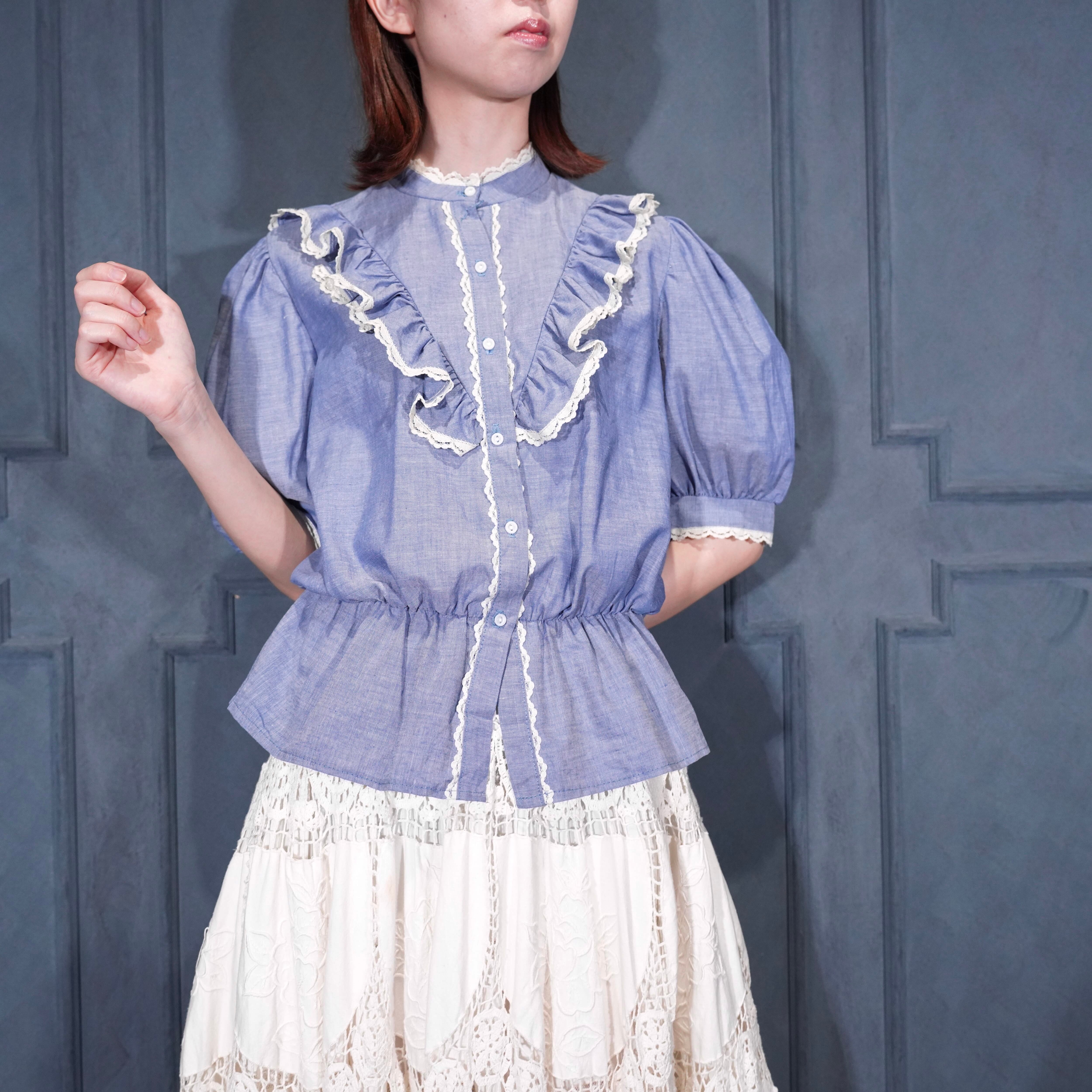 70's USA VINTAGE FRILL LACE PEPLUM DESIGN HALF SLEEVE SHIRT/70年代