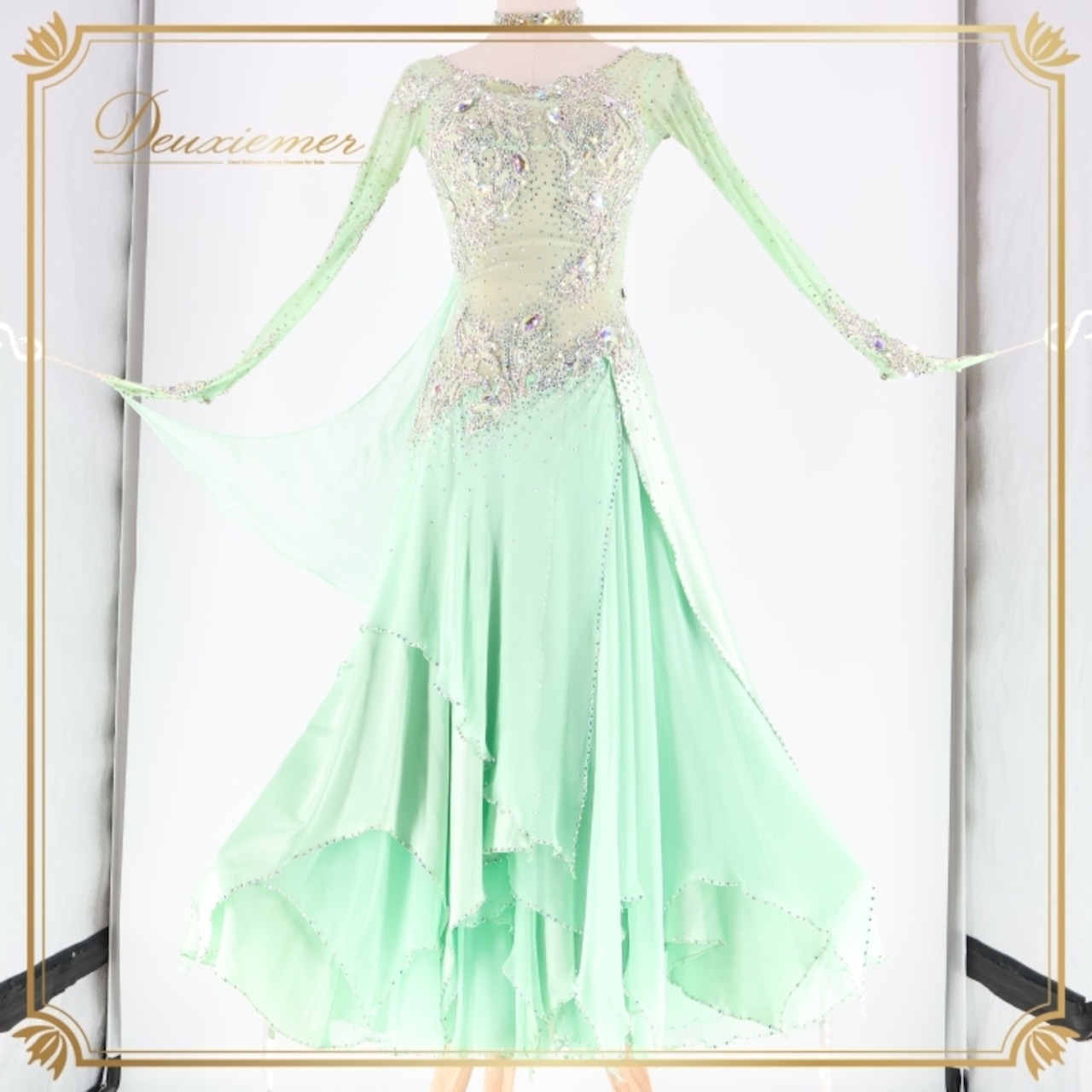 社交ダンス 衣装 スタンダードドレス ワンピース ドレス エメラルドグリーン 緑 黄緑 フロート デモ 競技 ダンス パーティ 発表会 綺麗 上品 明るい ゴージャス グリーン系 フェミニン おしゃれ モダンダンス コスチューム 華やか