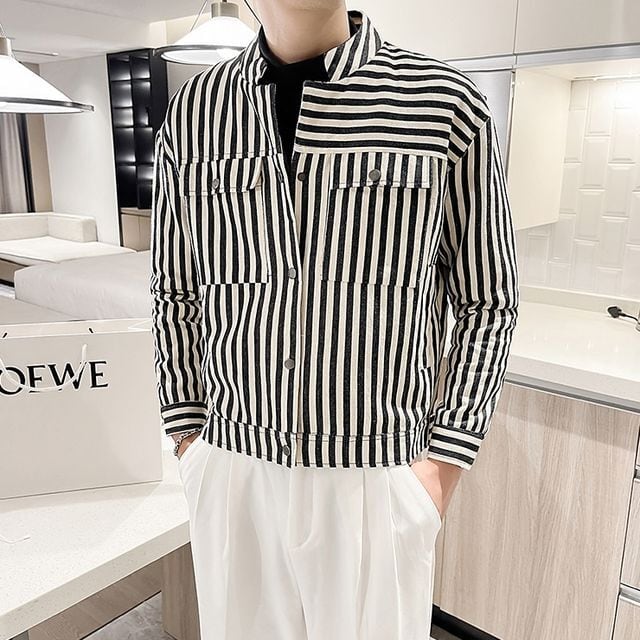 予約販売】ジャケット メンズ ストライプ柄 長袖 シャツ ブラック