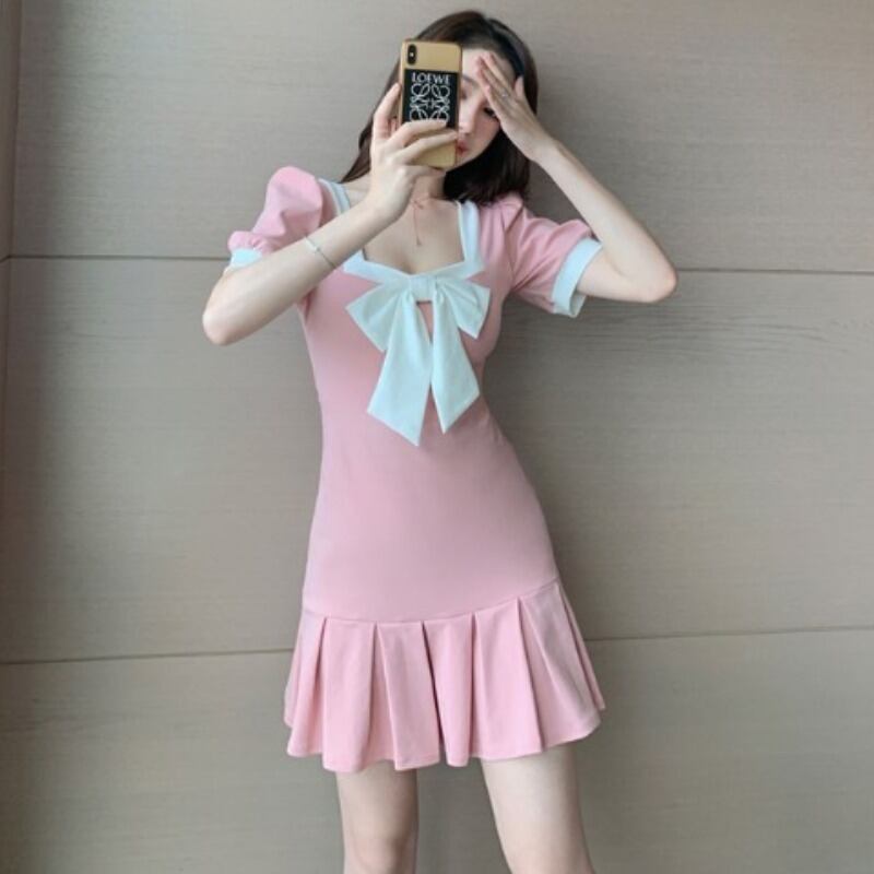 リボンプリーツドレス レディース 大人ガーリー スウィート キュート カジュアル スクウェア ハンチェンe69332352235