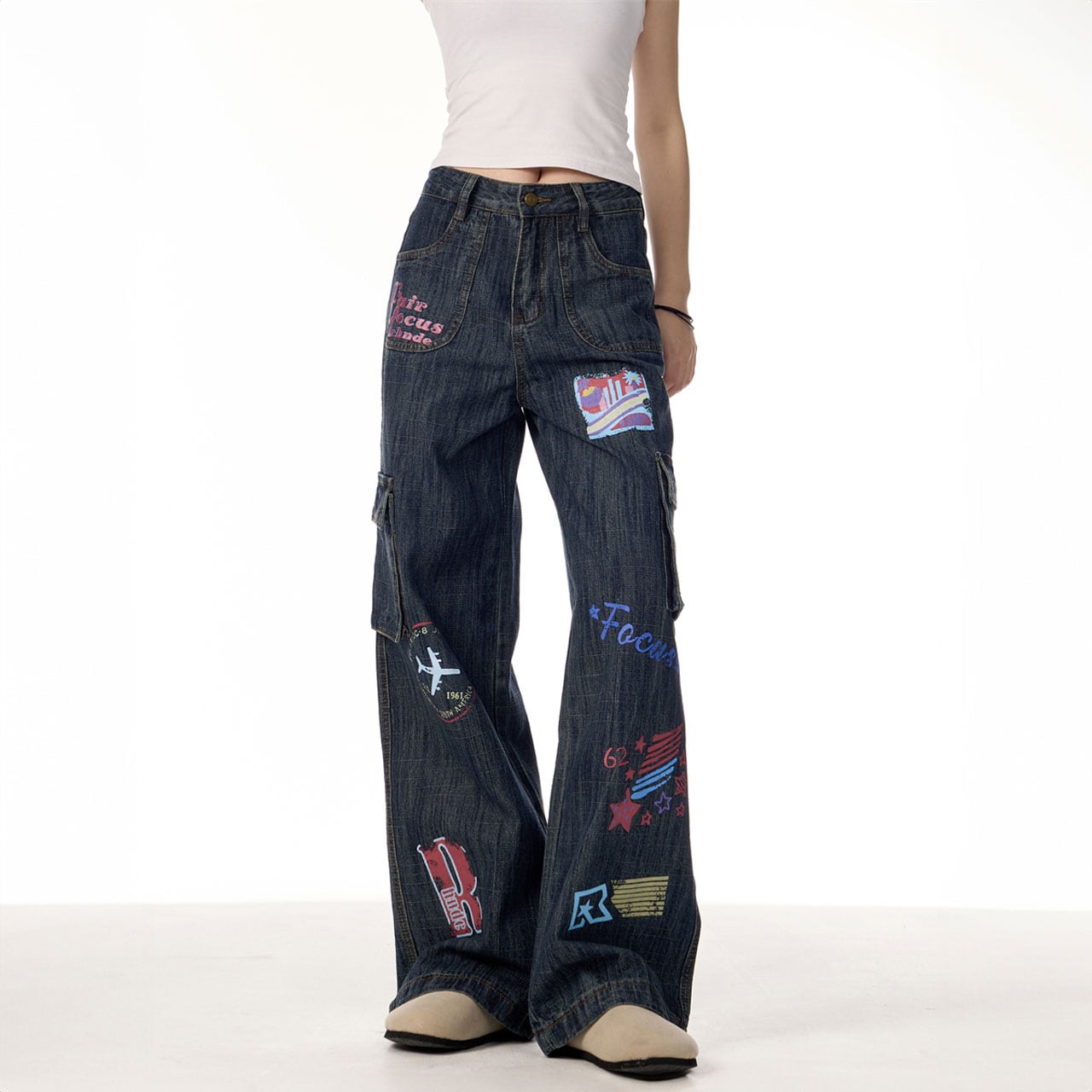 パッチワークグラフィックデニムパンツ R00871