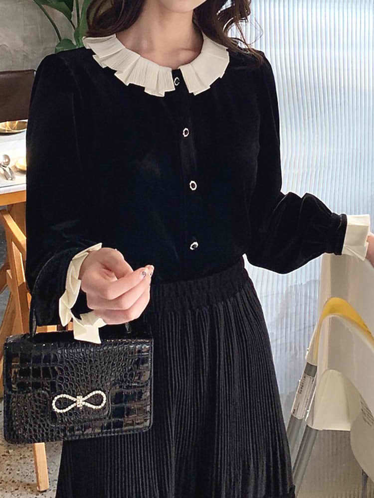 フリルアクセントベルベットカーディガン きれいめコーデ エレガント レトロ かわいい おすすめ 大きいサイズ 韓国 CH7167