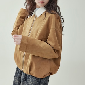 plain round neck suede zipper jacket